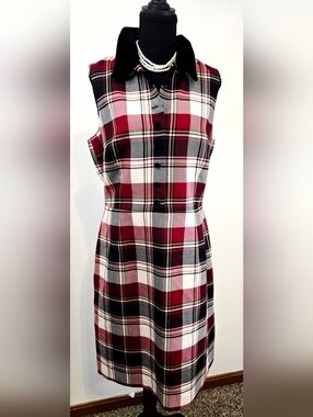 Brooks Bros Wool Plaid Dress 14 Red Black Velvet Collar Preppy Classic Academic